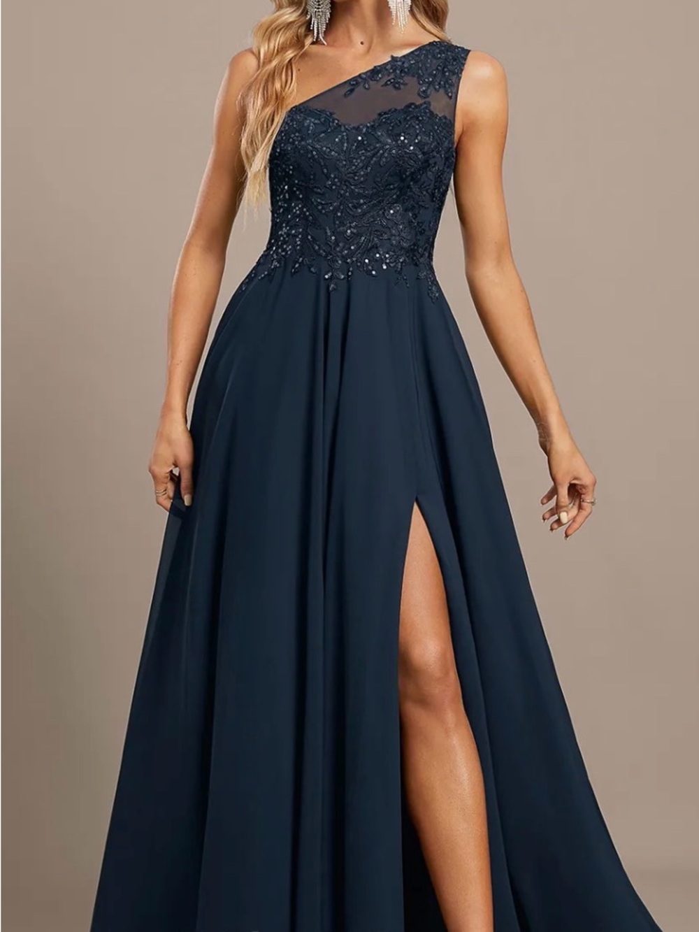 JJs House Navy Blue One-Shoulder Beaded Evening Dress with Slit